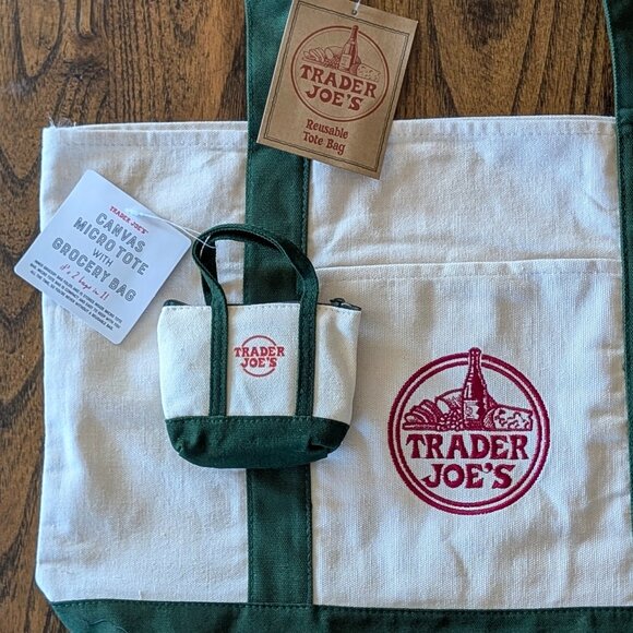 Set of 2 BRAND NEW NWT Large & Micro Trader Joe's Forrest Green Canvas Tote Bags - Picture 7 of 7